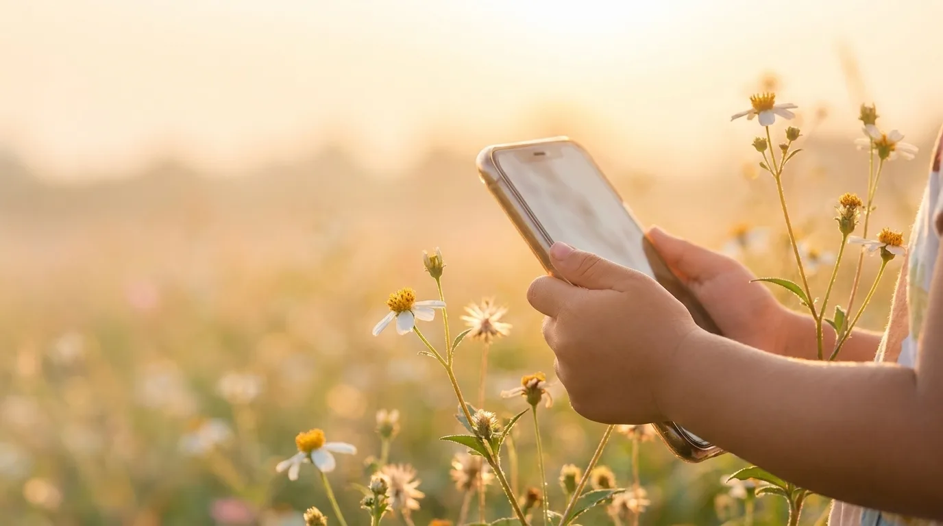 A young child’s hands holding a phone up to wildflowers in a sunlit meadow at golden hour.