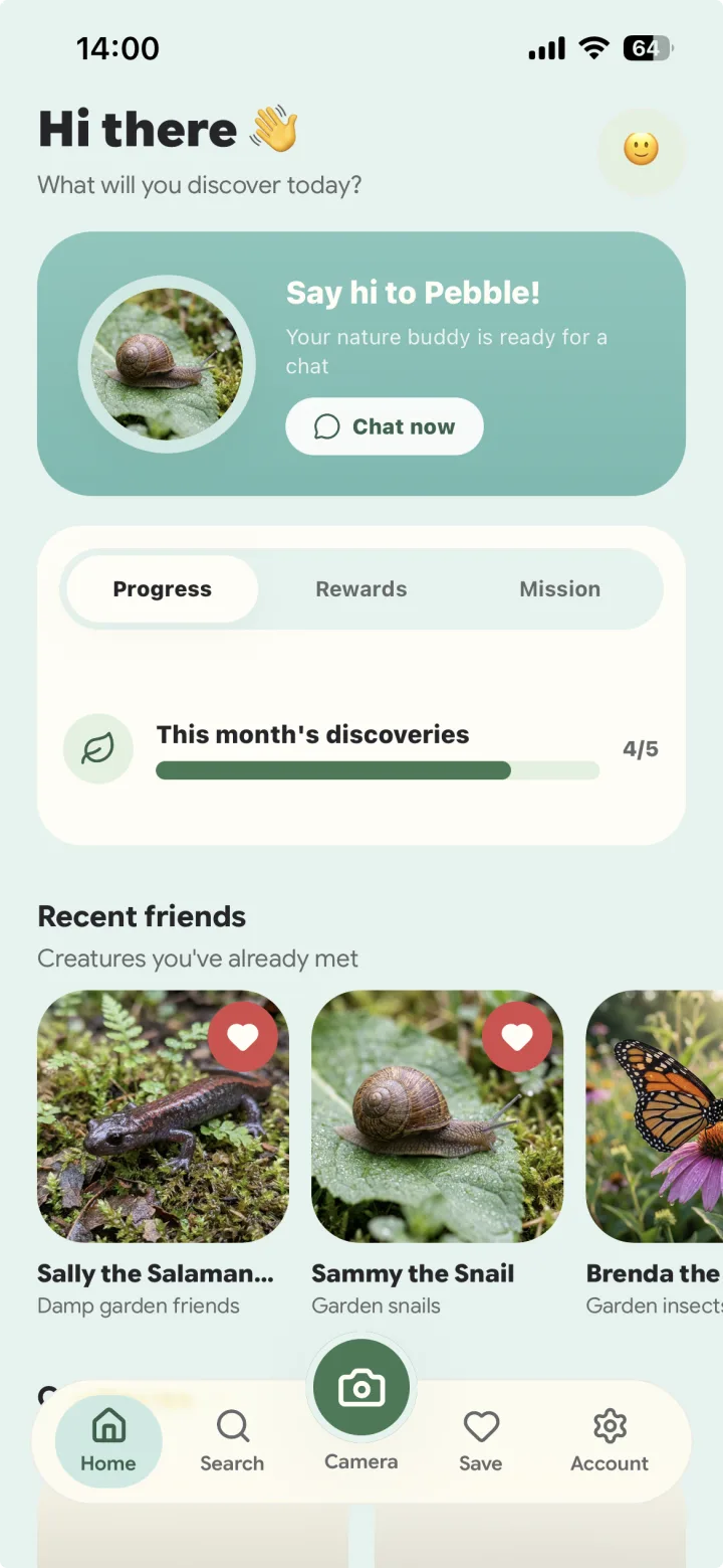 The Naturely home screen with a nature buddy
