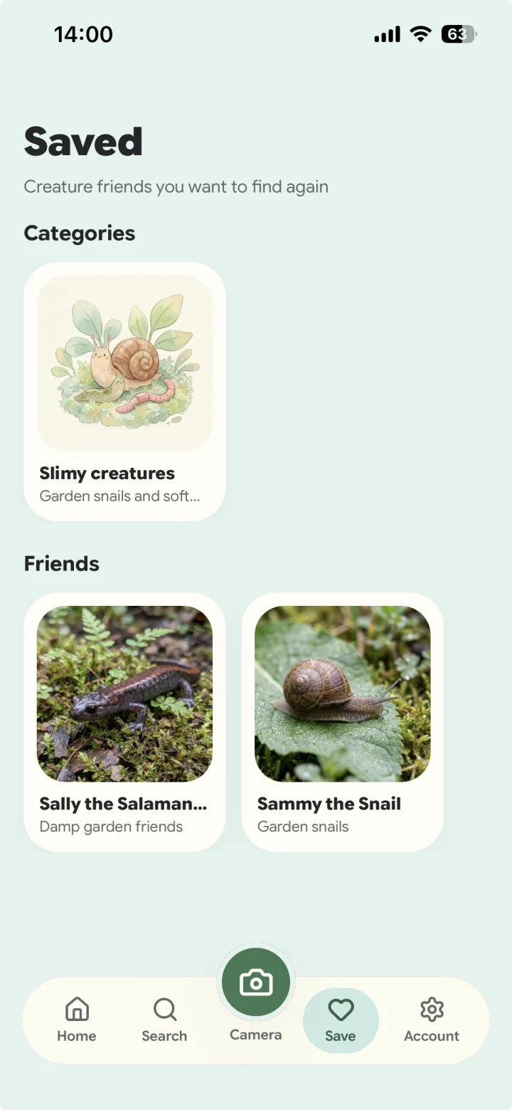 A child's saved creatures in the Naturely app