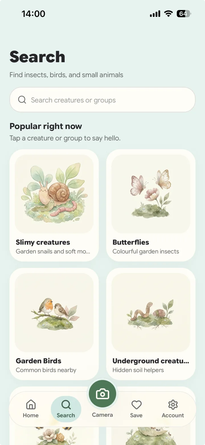 Browsing nature creatures in the Naturely app
